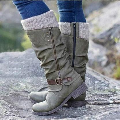 ⏰ Promotion 50% OFF - Women’s Leather Flat Heel Mid-Calf Zipper Boots