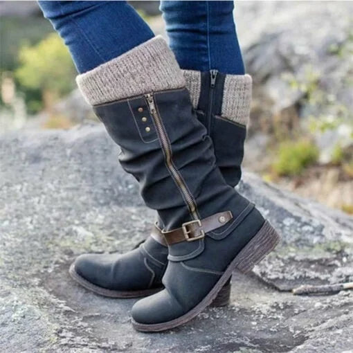 ⏰ Promotion 50% OFF - Women’s Leather Flat Heel Mid-Calf Zipper Boots