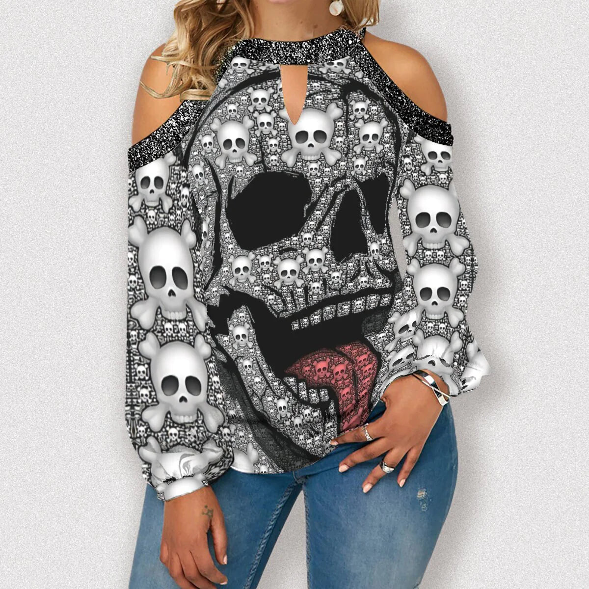 Halloween Skull Print Off The Shoulder Long Sleeve T-Shirt