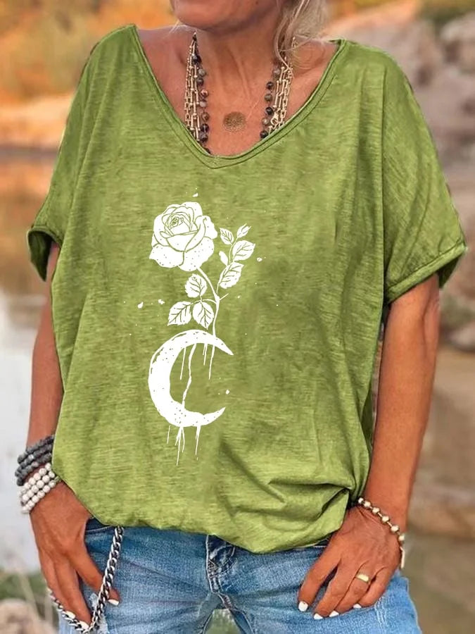 Rose And Moon Print Women's T-shirt