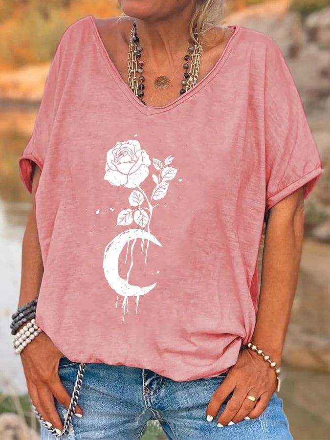 Rose And Moon Print Women's T-shirt